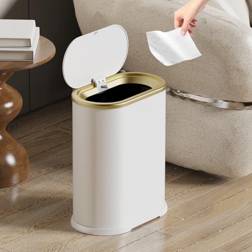 Image of KSSKSS 1.8 Gallons Small White Bathroom Trash Can with Lid, Slim Bathroom Garbage Bin, Dog Proof Trash Can with Pop-Up Lid for Bedroom,Toile, White