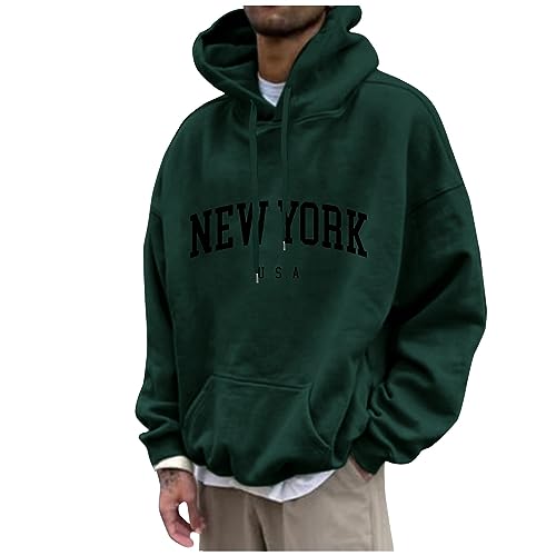 Men's Letter Graphic Print Hoodie Casual Long Sleeve Pullover Oversize New York Sweatshirt Pocket Drawstring Top