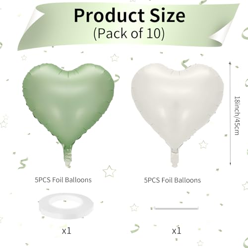 Image of Sage Green White Heart Balloons, 10PCS Green Beige Foil Heart Balloons, 18inch Olive Green Cream White Heart Shape Balloons for Neutral Jungle Birthday Baby Shower Valentines Wedding Party Decorations