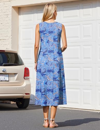 Image of HOTOUCH Summer Casual Dresses for Women Sleeveless Midi Dress Swing Tank Sundress Pleated Tshirt Dress with Pockets
