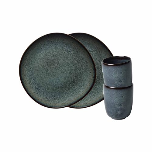 like. by Villeroy & Boch - Lave Gris Frühstücks-Set 4-teilig, Becher ohne Henkel (400 ml) und Frühstücksteller (23 cm) für 2 Personen, Steingut, Grau