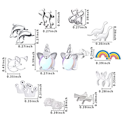 Newitin 11 Pairs 925 Sterling Silver Stud Earrings For Girls Hypoallergenic Earrings Unicorn Earrings Animals Earrings Silver Cute Stud Earrings For Women Girls #TOP1