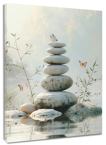 LB Décoration Murale Spa Zen Poster Mural Papillon sur des pierres blanches Toile Peinturen Plante verte avec fleur pour Salon Cuisine Bain Chambre Bureau...