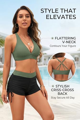 Image of Yonique 3 Piece Tankini Swimsuits for Women Swim Tank Top Bathing Suits with Boy Shorts and Bra Athletic Swimwear