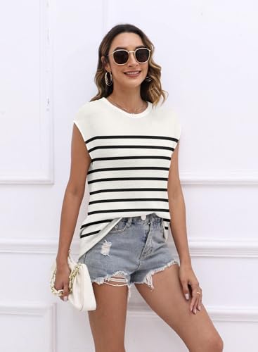 Image of Womens Cap Sleeve Sweater Vest Summer Tops Sleeveless Tank 2026 Trendy Spring Clothes Striped Short Sleeve Shirts,Stripe Apricot,Medium