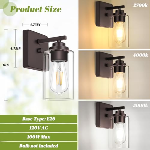 Image of VerRon Set of 2 Wall Sconces for Bathroom, Modern Vanity Light Fixtures, Oil Rubbed Bronze Mount Lighting Lanterns, Farmhouse Wall Lights with Clear Glass Shade for Bedroom Living Room Mirror Hallway