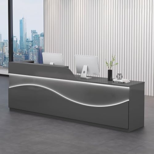 Mesa de recepción con cajones y cable, elegante y moderno para salón de belleza con almacenamiento, mesa de mostrador de 1,4 m, color blanco y negro