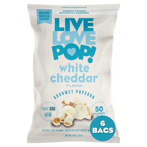 Live Love Pop White Cheddar Flavored Gourmet Popcorn, 4.4 Oz (Pack of 6), Healthy Snack, Gluten Free, Vegan & Non-GMO, Mission Driven Munchies