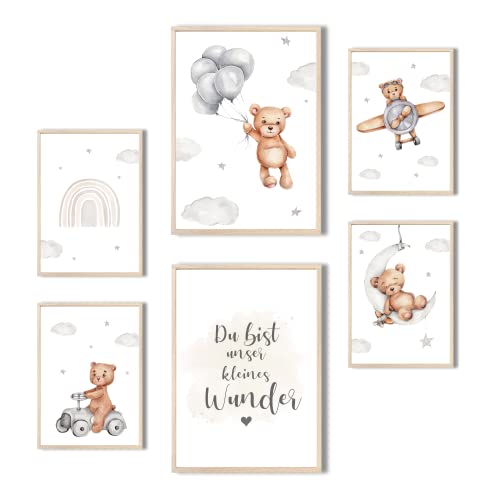 MeinBaby123® Poster Kinderzimmer | 6er Set DIN A4 Poster Set | Wandbilder mit Spruch | Regenbogen | Deko Kinderzimmer Mädchen und Jungen | Babyzimmer Deko (Bär & Flugzeuge)