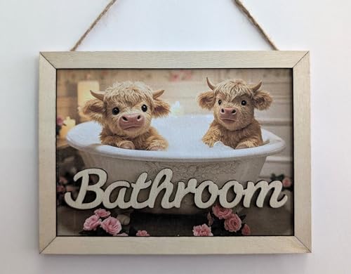 Highland Cow Bathroom Wall or Door Sign, Decorative Wooden Plaque Frame, 16 cm x 12 cm - Cosy Home Interiors Highland Cow Bathroom Wall or Door Sign, Decorative Wooden Plaque Frame, 16 cm x 12 cm
