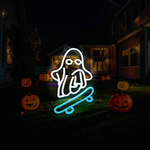 Image of Halloween Neon Sign ghost skateboard Neon lights Halloween wall decorations suitable for holiday parties room party decorations LED holiday gifts for friends