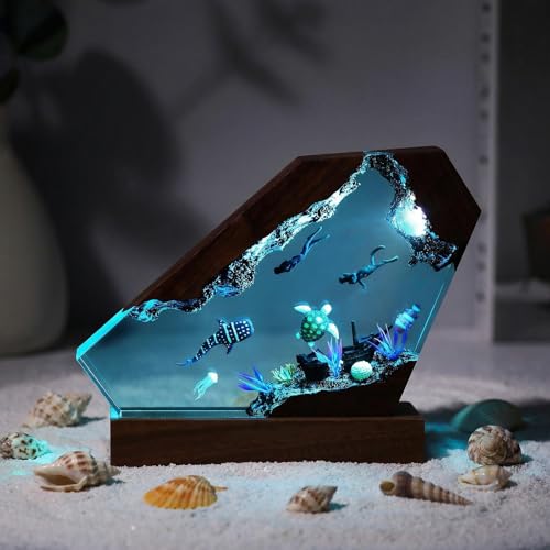 Image of Drawelry Ocean Creative Epoxy Resin Wood Light Lamp, Handmade Multi Color Aquatic Ocean Lamp Deep Sea Cave Diving Enthusiasts Led Night Light Desktop Decor Birthday Gift (Ocean World, M)