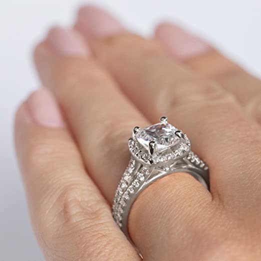 2.5 Ct t.w. Cushion Cut Classic Halo Style Pave Set Round Shape Diamond Split Shank Engagement Ring with a 1.5 Ct Forever Brilliant Cushion Moissanite Center D Color VVS1 925 Sterling Silver 14K White Gold Over4