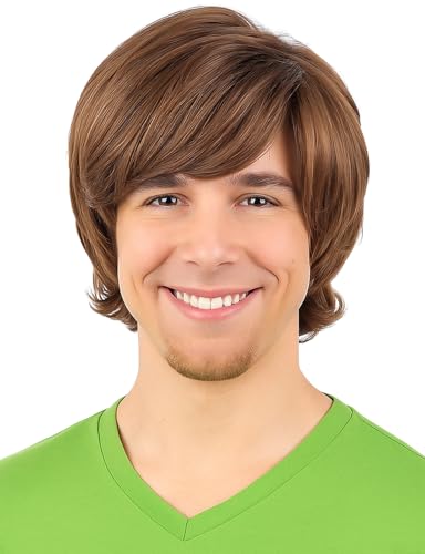 PUREHAIR Shaggy Mens Wig Funny 70s Wigs for Men for Disco Rocker Costumes - Short Brown Wig for 60s Cosplay Halloween Parties (Brown)