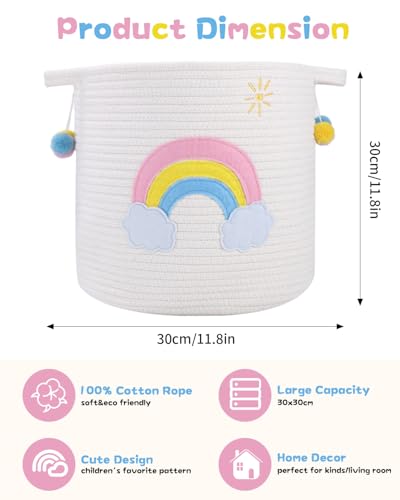 Zaxiva Aufbewahrungskorb Kinder mit Griffen, Wäschekorb Gewebter Baumwollseilkorb mit Stickerei Buntes Regenbogen-Dekor, Aufbewahrung für Organisieren von Kleidung, Badezimmer, Spielzeug(30x30cm)