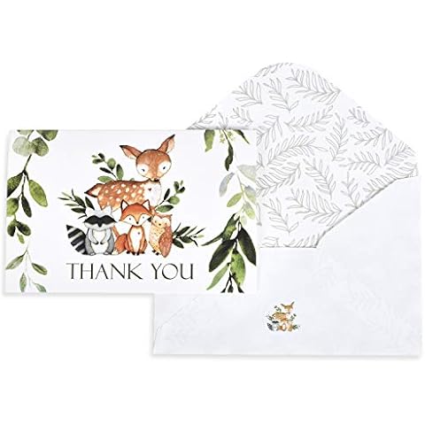 All Ewired Up 50 Pack Watercolor Woodland Greenery Thank You Cards, Cute Thank You Notes with Envelopes & Stickers, Baby Shower, Birthday any Occasion Cover