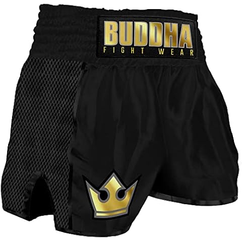 Buddha Fight Wear. Premium Retro Short. Specially designed for Kick Boxing, Muay Thai, K1 or any type of contact sports, Black/White, XXL Cover