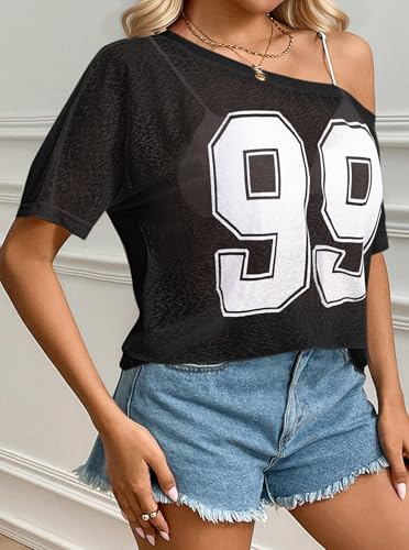 Image of Hilinker Women's Sheer Off The Shoulder Tops See Through Sexy Short Sleeve Mesh Shirt Summer