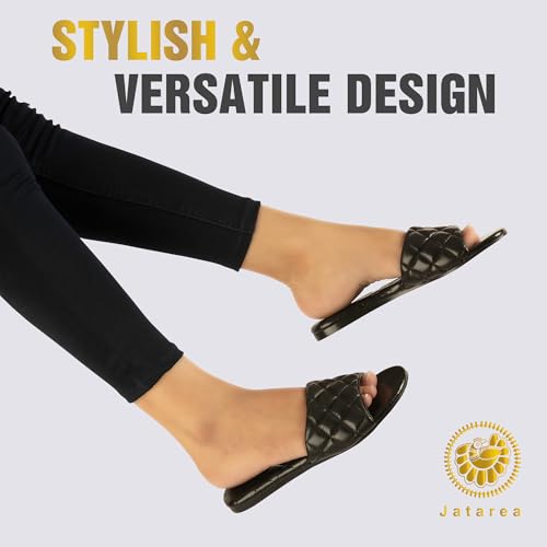 Image of JATAREA Women's Slip-On Flat Sandals with Round Open Toe | Dressy Summer Slides for Women