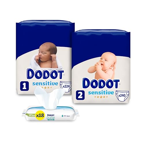Dodot 224 Pañales Bebé Sensitive Talla 1 (2-5 kg) + 240 Pañales Talla 2 (4-8 kg) + Toallitas Aqua Pure, 18 Paquetes (18x48), Máxima Protección de la Piel