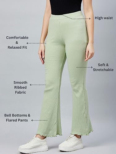 Image of BLINKIN Women's Stretch Fit Mid Rise Ribbed Stretchable Flared Pants | Boot Cut Bell Bottom Pants - Ideal for Yoga & Gym Wear, Casual Wear & Office Wear Trousers