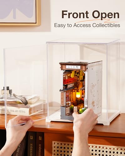 Image of Rolife Acrylic Display Case Dust Cover for Collectibles, Dustproof Protection Showcase with White Base with Door for Plush Toy, Book Nook & Daily Goods (12.2''x9.8''x9.8'')