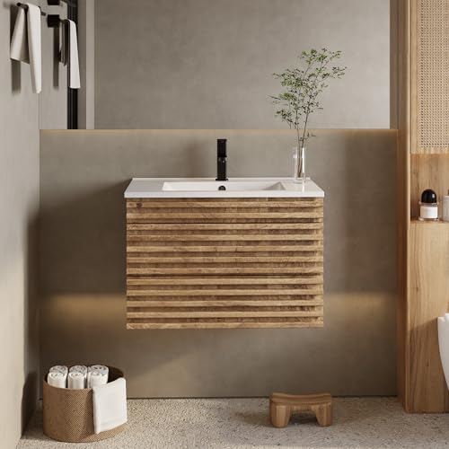 eclife 30' Floating Bathroom Vanity with Sink Combo Mid-Century Wall Mounted Cabinet with Wood Stripes Decor, Drawers, Undermount Sink, Faucet, Drain, Light Walnut
