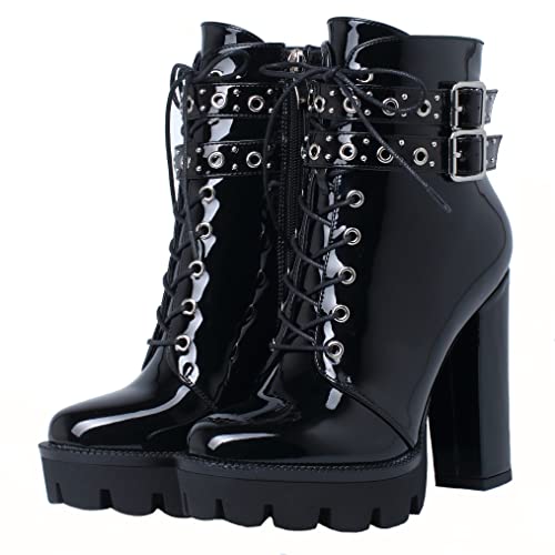 KiutSymo Gothic Ankle Boots For Women Studded Buckle Straps Chunky High Heels Platform Boots Lace Up Punk Combat Boots
