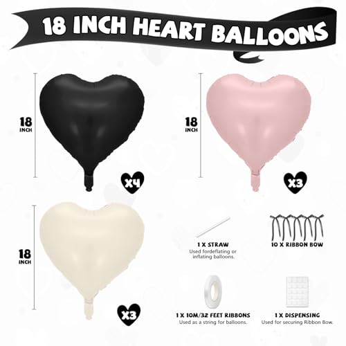 Image of Pink and Black Heart Balloons, 10 Pcs Baby Pink Cream Heart Shaped Balloon with Black Bow Ribbon, 18 Inch Pink Sand White Foil Balloons for Brithday Baby Shower Wedding Valentines Party Decoration