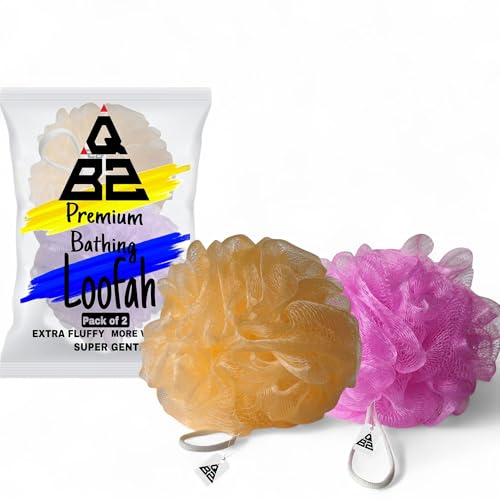 Image of QBZ Large Bath Loofah Sponge Scrubber Exfoliator for High Lather Cleansing (YELLOW & PINK, 1 Count (Pack of 2))