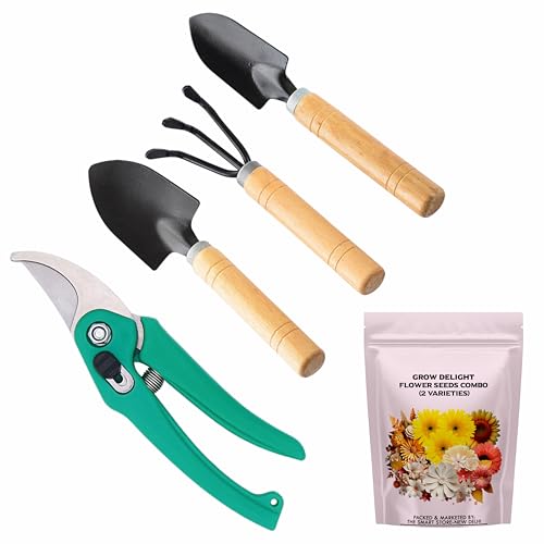 GROW DELIGHT Gardening Tools Kit-5 Pcs (Cultivator, Big Trowel, Small Trowel, Garden Pruner, Flower Seeds Packet) | Durable Gardening Tools | Home Gar