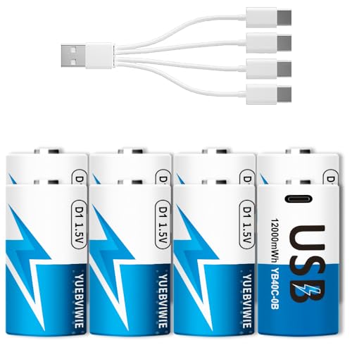 YUEBVIWIE Rechargeable Lithium D Batteries with 4 in 1 USB-C Charge Cable, 8 Pack D Cell Li-ion Battries, LR20 1.5V D Size Cell Battery Replacement 12000mWh for Floodlight Toys(8 Pcs)