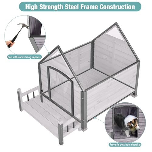 Dog House for Outdoor/Indoor, Weatherproof Outdoor Kennel for Large Dogs, Chew-Resistant Iron Frame & Asphalt Roof (Grey, L) - Thumbnail 2