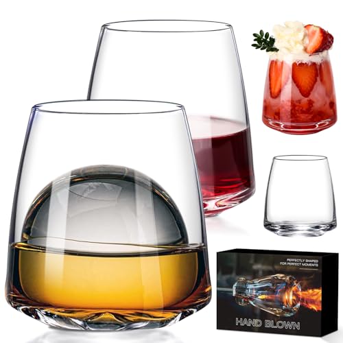 Stemless Wine Glasses Set of 4-14.5oz Hand Blown Heavy Red