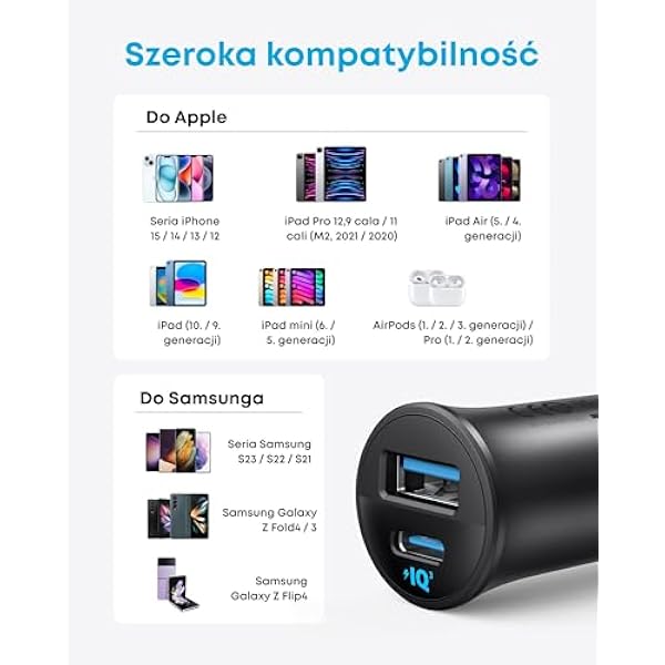 Anker ładowarka samochodowa USB-C 30 W 2 porty PowerIQ 3.0 Ładowarka samochodowa Anker USB-C 30 W 2 porty PowerIQ 3.0 szybkie ładowanie iPhone Samsung Pixel