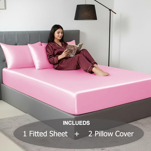 Image of Soft and Silk Satin Fitted Bedsheet for Single Size 36X75 +12 in - Elastic Fitted Sheet 400 TC Hotel Collection for Bedroom | Fitted Sheet with Pillow Cover - Baby Pink, Single Bed