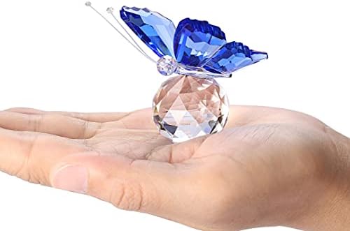 CrystalTears Blue Crystal Butterfly Figurine Ornament with Crystal Ball Base Collection Glass Butterfly Animal Statue Paperweight for Home Desk Decor Gift for Women Christmas Valentines Day