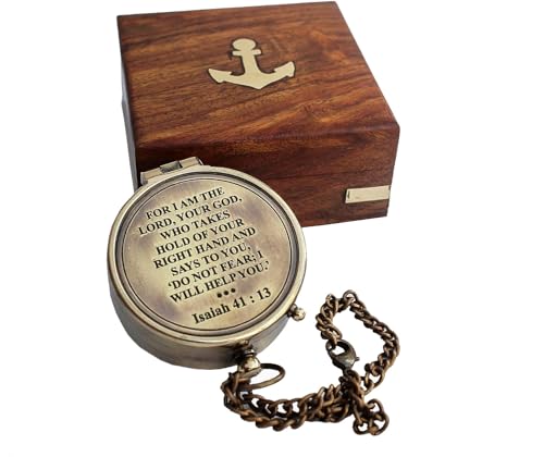 Brújula portátil de latón con estuche de madera grabado miniatura 7