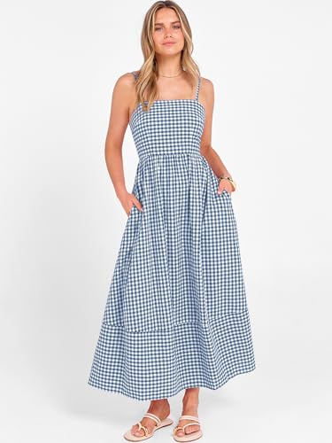 Image of Caracilia Womens Maxi Dresses Gingham Spaghetti Strap Back Smocked Flowy Long Sundress Summer Beach Vacation Clothes 2026