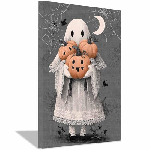 Toile Halloween déco salon grand tableau de fantômes effrayants beige encadré