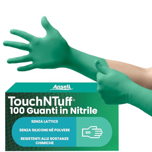 Ansell TouchNTuff 92-605 Guanti Monouso in Nitrile, Senza Polvere, Alta Resistenza Chimica e Meccanica, Protezione degli Alimenti, Usi Professionali e Industriali, Verde, Taglia L (100 Guanti)