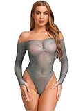 Mufeng Traje de Piel de Pez para Mujeres, Body de Malla Transparente, Lencería para Mujeres Sexy, Club, Rave Gris M