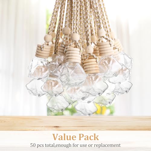 Image of 50 Pack Set Car Hanging Air Freshener Bottles Empty Car Essential Oil Diffuser Bottles Pendant Glass Perfume Bottles Aromatherapy Fragrance Bottle Auto Ornaments Decor