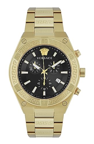 Versace V-Sporty Greca Collection Luxury Mens Watch Timepieces with a Gold Bracelet and Case Featuring a Black Dial