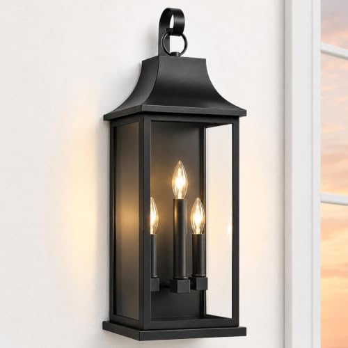 Image of RAYVO 25 inch Extra Large Outdoor Wall Light, Black Porch Lantern | Waterproof Anti-Rust Metal Sconce, Clear Glass Panels, 3 E12 Bases, Modern Exterior Light Fixture for Porch Patio Garage