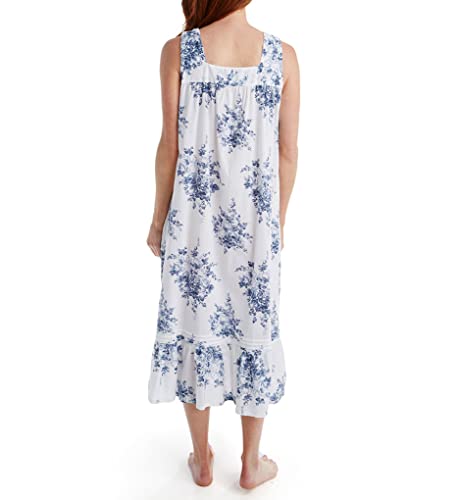 La Cera Women's 100% Cotton Woven Sleeveless Floral Lace Yoke Gown 1211G L White/Blue #TOP3