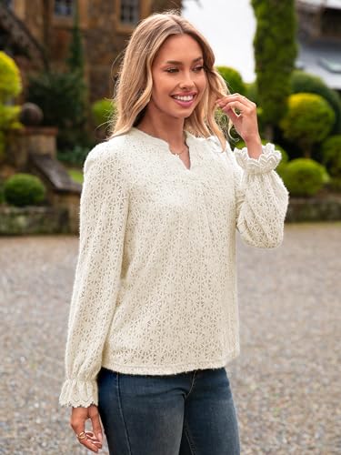 Simplee Womens Eyelet Dressy Blouses Tops Lace Casual Long Sleeve Hollow Out V Neck Fall Spring Boho Shirts2