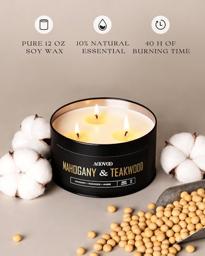 Image of AOOVOO 2 Pack Mahogany Teakwood Candles for Men - 3 Wick 24oz Black Candle | Long Lasting Soy Candles for Home Scented, Masculine Candle Gift for Father Day, Women & Men, Non Toxic, Large