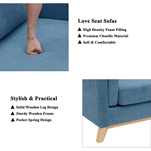 72" Loveseat Sofa, Mid-Century Modern Love Seats For Living Room, Upholstered Sofa Couches With Solid Wood Leg, 2 Seat Chenille Fabric Couch For Small Space, Dorm, Apartment, Office (Blue) #TOP5