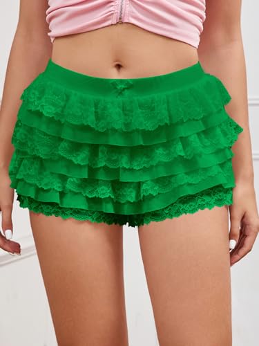 Image of Women Y2K Lace Multi-Layered Bloomers Lolita Ruffle Shorts Cute Mini Skirt | Tiered layers, elastic waist, pumpkin pants, for rave party /country concert /festival